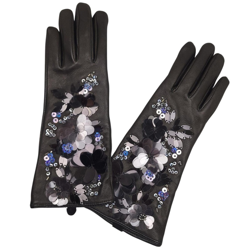 Echo Genuine Sheepskin Leather Gloves Womens S Black Floral Beaded Sequin RARE